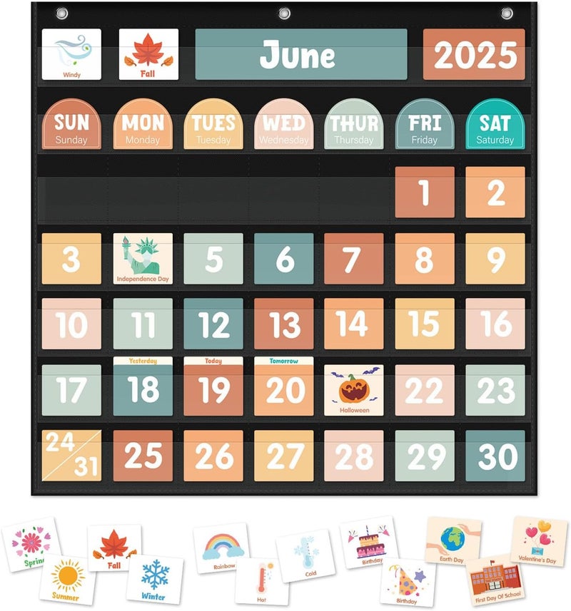 Jenlan Large Calendar Pocket Chart, Calendar Learning Classroom Calendar Pocket Chart with 115 Cards for Classroom Calendar and Weather Pocket Chart for Home Kindergarten Learning(Black) - Image 1